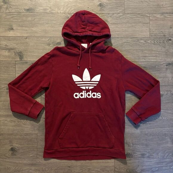 Adidas Hoodie Mens Large Burgundy Tre Foil Pullover Gym Workout ‎ Sweatshirt - Picture 1 of 5